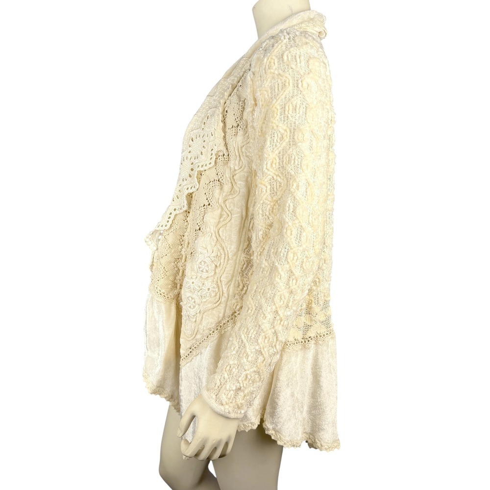Ivory Boho Lace Waterfall Cardigan‎ L Sweater Made in Italy Open Knit Romantic - Picture 10 of 11